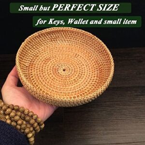 Small Round Key Bowl Woven Key Basket for Entryway Table Wicker Storage Basket for Remote Control, Wallet, Cell Phone, Catch All Bowl Tray for Small Item Display Basket for Candy Cracker and More