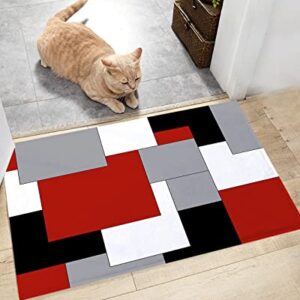 Fluffy Shag Bath Mat Abstract Red Black Grey White Color Block Area Rugs Warm Soft Plush Shaggy Floor Door Mats for Bathroom/Bedroom/Living Room/Entry Way Decor Splicing Geometric Plaid 24x36in