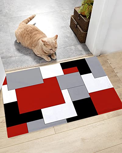 Fluffy Shag Bath Mat Abstract Red Black Grey White Color Block Area Rugs Warm Soft Plush Shaggy Floor Door Mats for Bathroom/Bedroom/Living Room/Entry Way Decor Splicing Geometric Plaid 24x36in