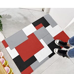 Fluffy Shag Bath Mat Abstract Red Black Grey White Color Block Area Rugs Warm Soft Plush Shaggy Floor Door Mats for Bathroom/Bedroom/Living Room/Entry Way Decor Splicing Geometric Plaid 24x36in