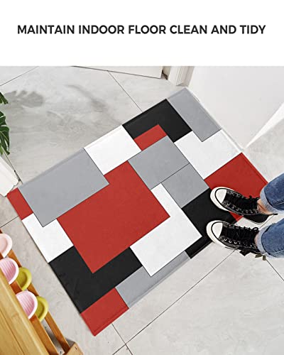 Fluffy Shag Bath Mat Abstract Red Black Grey White Color Block Area Rugs Warm Soft Plush Shaggy Floor Door Mats for Bathroom/Bedroom/Living Room/Entry Way Decor Splicing Geometric Plaid 24x36in
