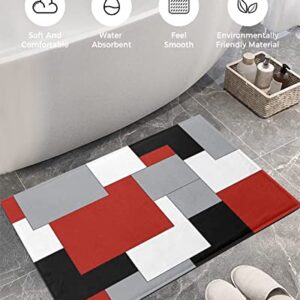 Fluffy Shag Bath Mat Abstract Red Black Grey White Color Block Area Rugs Warm Soft Plush Shaggy Floor Door Mats for Bathroom/Bedroom/Living Room/Entry Way Decor Splicing Geometric Plaid 24x36in