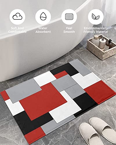 Fluffy Shag Bath Mat Abstract Red Black Grey White Color Block Area Rugs Warm Soft Plush Shaggy Floor Door Mats for Bathroom/Bedroom/Living Room/Entry Way Decor Splicing Geometric Plaid 24x36in