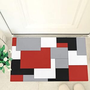 Fluffy Shag Bath Mat Abstract Red Black Grey White Color Block Area Rugs Warm Soft Plush Shaggy Floor Door Mats for Bathroom/Bedroom/Living Room/Entry Way Decor Splicing Geometric Plaid 24x36in