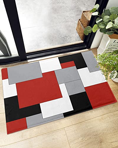 Fluffy Shag Bath Mat Abstract Red Black Grey White Color Block Area Rugs Warm Soft Plush Shaggy Floor Door Mats for Bathroom/Bedroom/Living Room/Entry Way Decor Splicing Geometric Plaid 24x36in