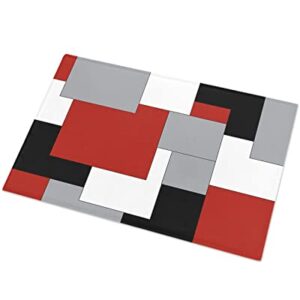 Fluffy Shag Bath Mat Abstract Red Black Grey White Color Block Area Rugs Warm Soft Plush Shaggy Floor Door Mats for Bathroom/Bedroom/Living Room/Entry Way Decor Splicing Geometric Plaid 24x36in