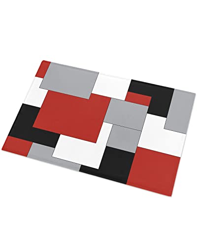 Fluffy Shag Bath Mat Abstract Red Black Grey White Color Block Area Rugs Warm Soft Plush Shaggy Floor Door Mats for Bathroom/Bedroom/Living Room/Entry Way Decor Splicing Geometric Plaid 24x36in