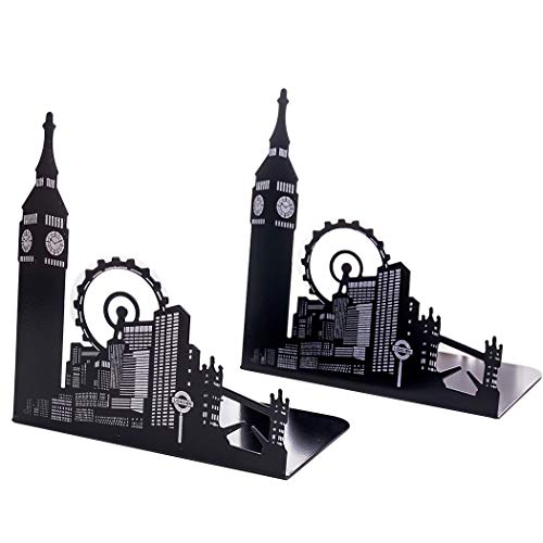 SIPLIV Bookends Steel Universal Economy Holder Stand Book Rack Desk Bookend, Ferris Wheel City, 1 Pair(Black)