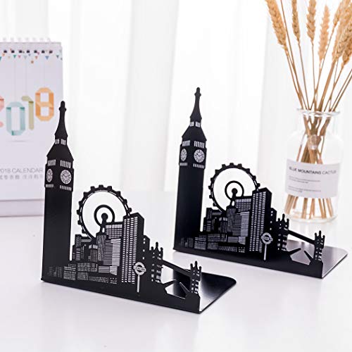 SIPLIV Bookends Steel Universal Economy Holder Stand Book Rack Desk Bookend, Ferris Wheel City, 1 Pair(Black)