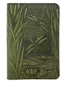 oberon design dragonfly pond pocket notebook cover, fits many 5.5 x 3.5 inch notebooks, embossed genuine leather, fern color, made in the usa