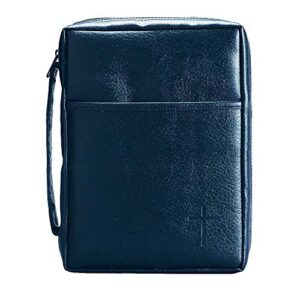 blue embossed cross with front pocket leather look bible cover with handle, x-large