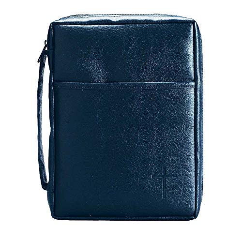 Blue Embossed Cross with Front Pocket Leather Look Bible Cover with Handle, X-Large