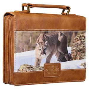 Christian Art Gifts Classic Faux Leather Bible Cover: Be Strong and Courageous - Joshua 1:9 Inspirational Bible Verse with Mountain Lion, Toffee Brown, Medium