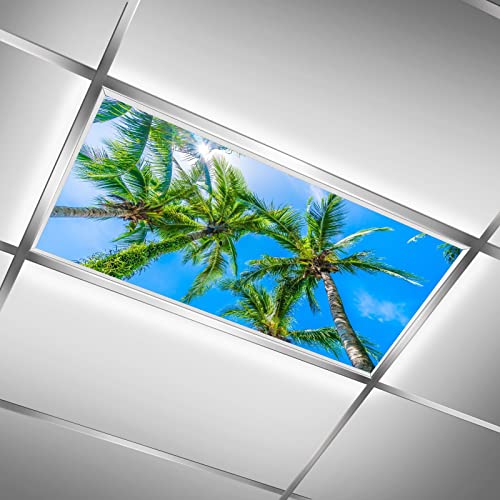 Fluorescent Light Covers for Classroom Office - Eliminate Harsh Glare Causing Eyestrain and Headaches. School-Office-Indoor Ceiling Lamp DecorationCoconut Palm Tree Blue Sky