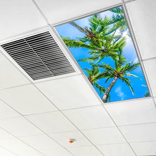 Fluorescent Light Covers for Classroom Office - Eliminate Harsh Glare Causing Eyestrain and Headaches. School-Office-Indoor Ceiling Lamp DecorationCoconut Palm Tree Blue Sky