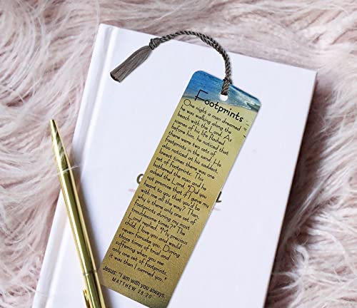 Footprints in The Sand Bookmark - with Gray Tassel| 10 Footprints Poem Bookmark, 1 Pocket Size Motivational Card | Inspirational Christian Cardstock Prayer Bookmarks Set for Bible Study, Book, Journal