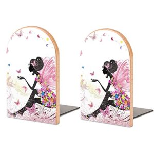 hon-lally flower fairy girl with pink wing elves butterflies pattern wood bookends decorative bookend non-skid office book stand for books office files magazine, wood-style, one size