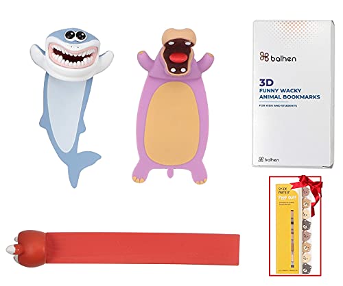 3 Pieces+ Gift 3D Animal Bookmarks for Kids and Students, Cute, Funny, Wacky, and Sturdy, Kawaii Stereo Cartoon Bookmarks -Hippo, Shark, Kitten , and Stick Markers for Notes