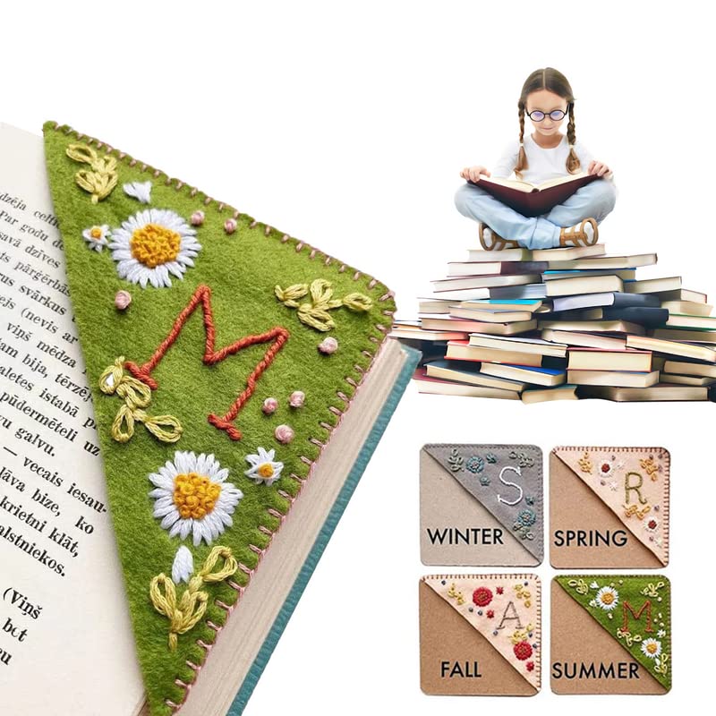 New Style Bookmark Hand Embroidered Corner Bookmark, Season Topic Flower Letter Embroidery Bookmarks, Felt Triangle Page Corner Handmade Bookmark, Felt Triangle Bookmark(Summer-O)