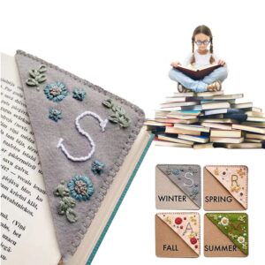 New Style Bookmark Hand Embroidered Corner Bookmark, Season Topic Flower Letter Embroidery Bookmarks, Felt Triangle Page Corner Handmade Bookmark, Felt Triangle Bookmark(Summer-O)