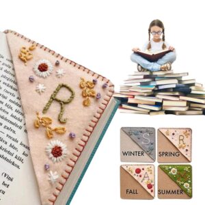 New Style Bookmark Hand Embroidered Corner Bookmark, Season Topic Flower Letter Embroidery Bookmarks, Felt Triangle Page Corner Handmade Bookmark, Felt Triangle Bookmark(Summer-O)