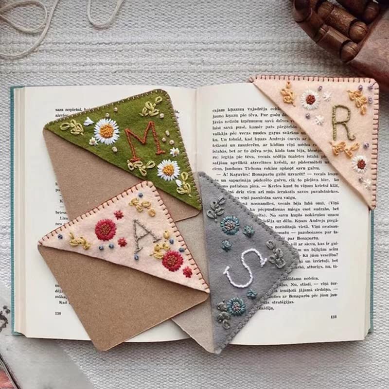 New Style Bookmark Hand Embroidered Corner Bookmark, Season Topic Flower Letter Embroidery Bookmarks, Felt Triangle Page Corner Handmade Bookmark, Felt Triangle Bookmark(Summer-O)