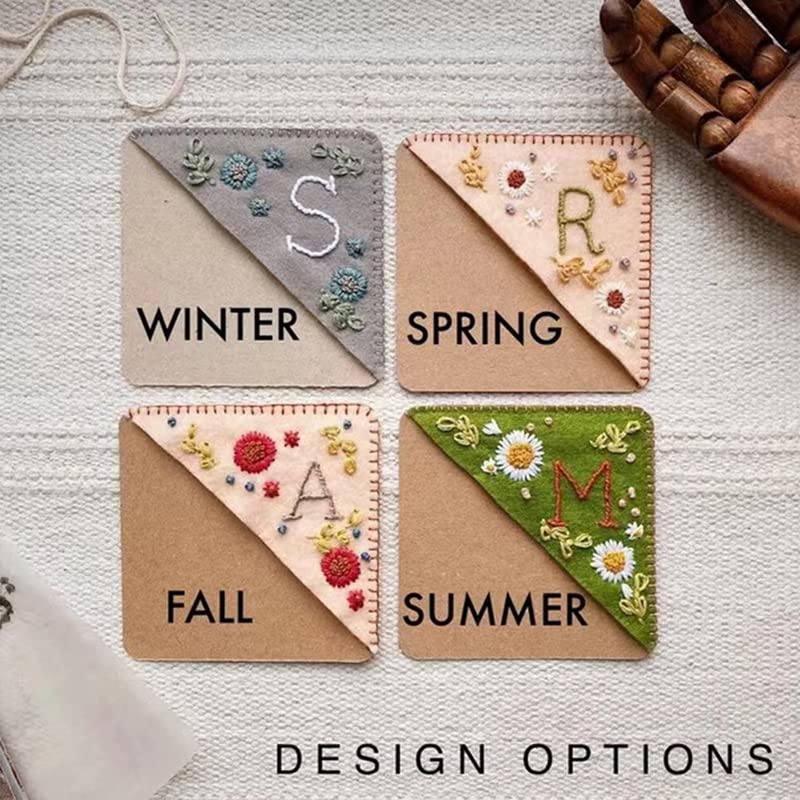 New Style Bookmark Hand Embroidered Corner Bookmark, Season Topic Flower Letter Embroidery Bookmarks, Felt Triangle Page Corner Handmade Bookmark, Felt Triangle Bookmark(Summer-O)