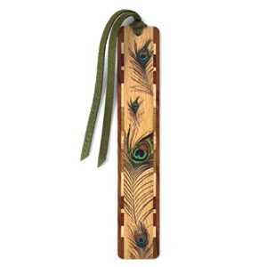 Peacock Feather Wooden Bookmark with Green Suede Tassel - Made in USA - Also Available Personalized