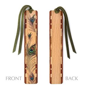 Peacock Feather Wooden Bookmark with Green Suede Tassel - Made in USA - Also Available Personalized