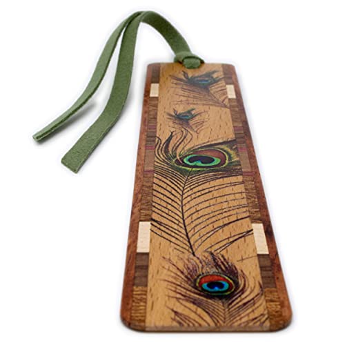 Peacock Feather Wooden Bookmark with Green Suede Tassel - Made in USA - Also Available Personalized