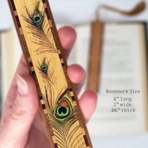 Peacock Feather Wooden Bookmark with Green Suede Tassel - Made in USA - Also Available Personalized