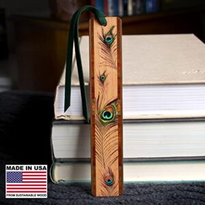 Peacock Feather Wooden Bookmark with Green Suede Tassel - Made in USA - Also Available Personalized