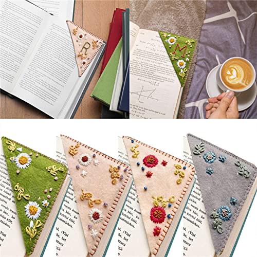 Personalized Hand Embroidered Corner Bookmark, Hand Stitched Felt Triangle Bookmark, Cute Flower Letter Embroidery Bookmarks, Page Corner Bookmark for Book Lovers(Style 2,N)