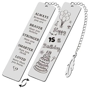 happy 15th birthday stainless steel reading bookmarks, double sided engrave inspirational bookmarks for book lovers, girls, boys, students, teens 15 years old birthday graduation christmas gifts