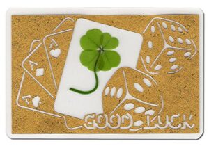 kin-hebi real four leaf clover, preserved, laminated card, gold version, cutting picture “good luck & cards dices”, 3.54” x 2.36”