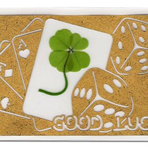 KIN-HEBI Real Four Leaf Clover, Preserved, Laminated Card, Gold Version, Cutting Picture “Good Luck & Cards Dices”, 3.54” x 2.36”