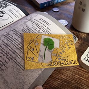 KIN-HEBI Real Four Leaf Clover, Preserved, Laminated Card, Gold Version, Cutting Picture “Good Luck & Cards Dices”, 3.54” x 2.36”