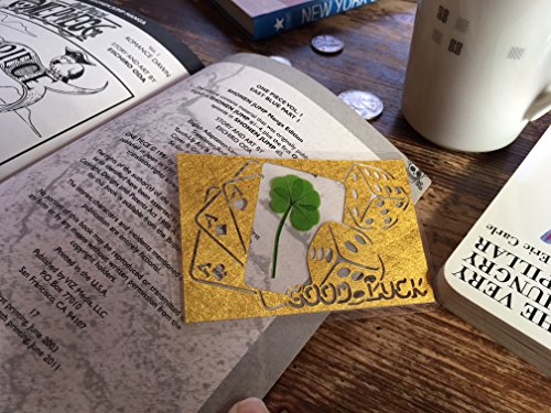 KIN-HEBI Real Four Leaf Clover, Preserved, Laminated Card, Gold Version, Cutting Picture “Good Luck & Cards Dices”, 3.54” x 2.36”