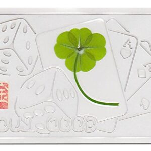 KIN-HEBI Real Four Leaf Clover, Preserved, Laminated Card, Gold Version, Cutting Picture “Good Luck & Cards Dices”, 3.54” x 2.36”