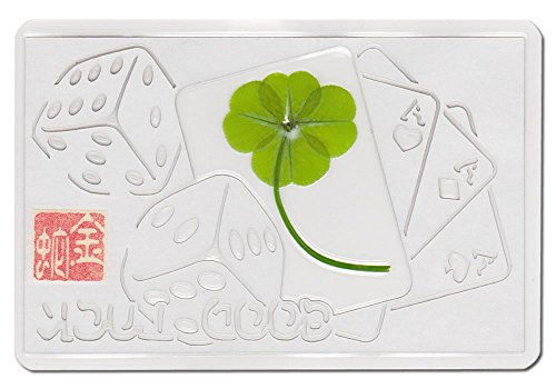 KIN-HEBI Real Four Leaf Clover, Preserved, Laminated Card, Gold Version, Cutting Picture “Good Luck & Cards Dices”, 3.54” x 2.36”