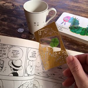 KIN-HEBI Real Four Leaf Clover, Preserved, Laminated Card, Gold Version, Cutting Picture “Good Luck & Cards Dices”, 3.54” x 2.36”