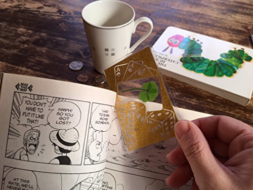 KIN-HEBI Real Four Leaf Clover, Preserved, Laminated Card, Gold Version, Cutting Picture “Good Luck & Cards Dices”, 3.54” x 2.36”