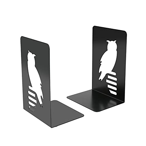 Bookends, Book Ends, Metal Bookend Heavy Duty Bookends for Shelve, Black Book Supports Non-Skid Book Stopper Cute Owl Bookshelf Holder for Office Home School, 1 Pair