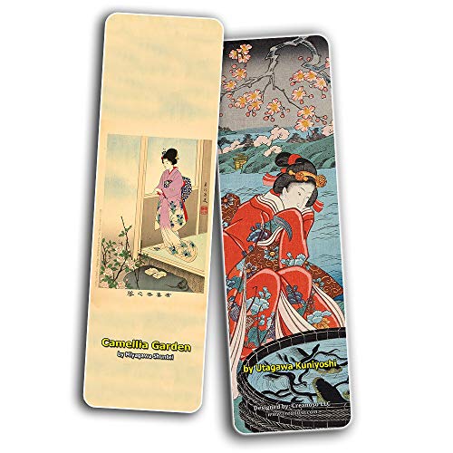 Creanoso Japanese Ladies Bookmarks (60-Pack) Oiran Geisha Kimono Woodblock Print – Inspirational Japanese Art Impressions Bookmarker Cards – Premium Gift Collection for Men & Women, Teens – Page Clip