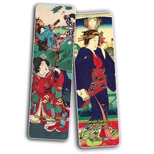 Creanoso Japanese Ladies Bookmarks (60-Pack) Oiran Geisha Kimono Woodblock Print – Inspirational Japanese Art Impressions Bookmarker Cards – Premium Gift Collection for Men & Women, Teens – Page Clip