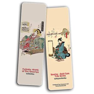 Creanoso Japanese Ladies Bookmarks (60-Pack) Oiran Geisha Kimono Woodblock Print – Inspirational Japanese Art Impressions Bookmarker Cards – Premium Gift Collection for Men & Women, Teens – Page Clip