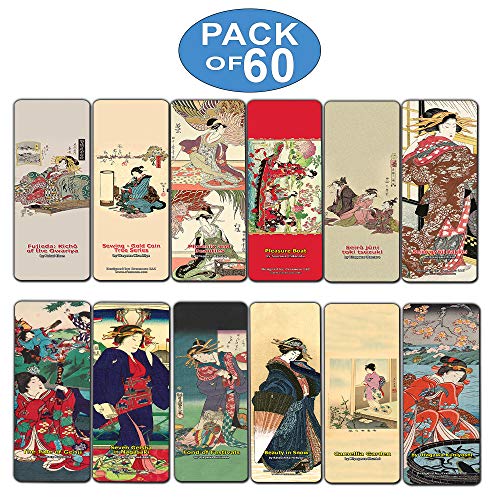 Creanoso Japanese Ladies Bookmarks (60-Pack) Oiran Geisha Kimono Woodblock Print – Inspirational Japanese Art Impressions Bookmarker Cards – Premium Gift Collection for Men & Women, Teens – Page Clip