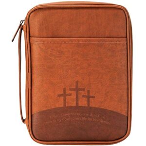 brown three crosses leather like vinyl bible cover case with handle medium