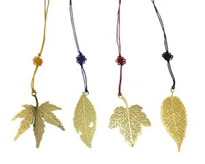yueton 4pcs vintage golden metal leaf maple leaves bookmark with color knotting strap, great gifts