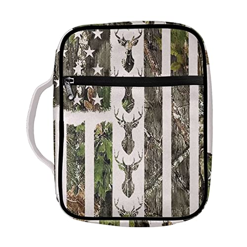 Coloranimal Deer Hunting Camo USA Flag Bible Cover for Women Men with Handle Bible Case Bags with Zippered Carrying Book Bags Handbags Purse Bible Accessories